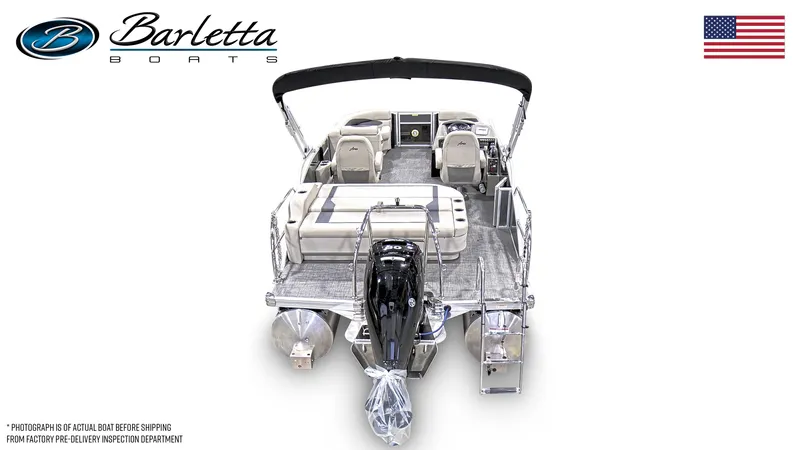 Slide: The Image of 2024 Barletta Aria Ultra-Lounge 20UC pontoon boat, rear view with seating and motor. - 3