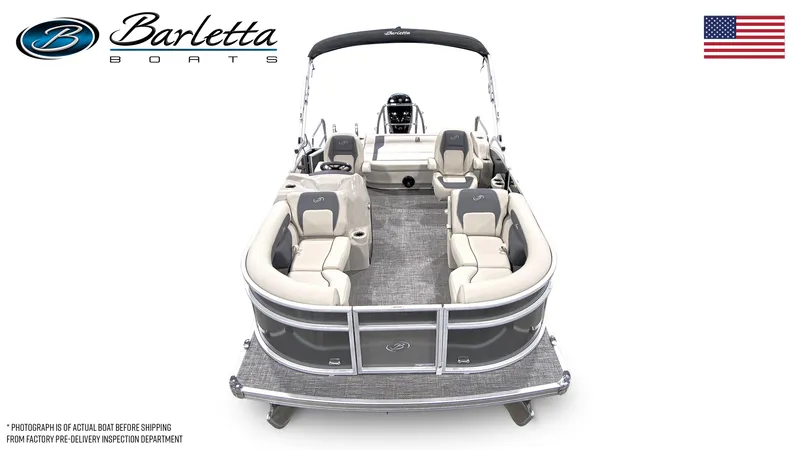 Slide: The Image of 2024 Barletta Aria Ultra-Lounge 20UC pontoon boat, front view, spacious seating, elegant design. - 5