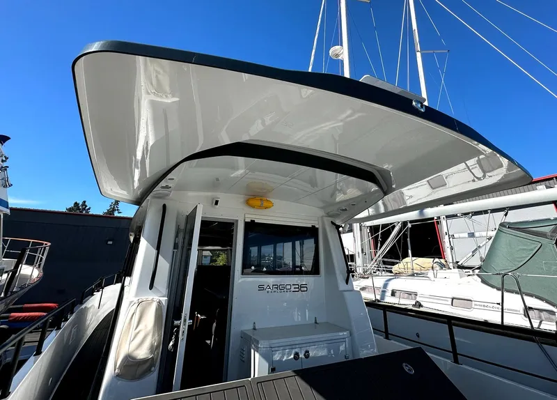 Slide: The Image of 2024 Sargo 36 Explorer boat with sleek design and spacious deck. - 18