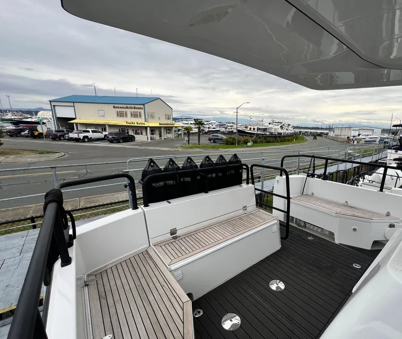 Slide: The Image of 2024 Sargo 36 Explorer yacht deck with marina view. - 21