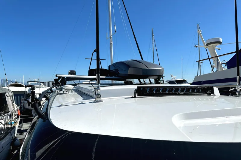 Slide: The Image of 2024 Sargo 36 Explorer boat docked under clear blue sky. - 32