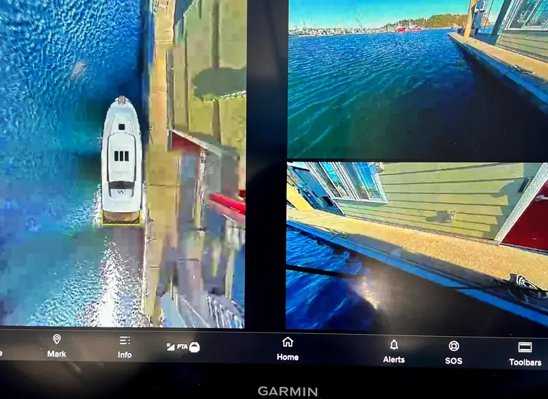 Slide: The Image of Garmin display showing 2024 Sargo 36 Explorer boat docking from multiple angles. - 36