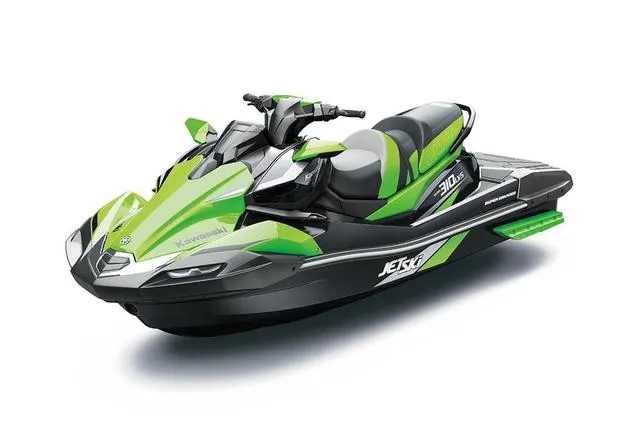 Slide: The Image of 2024 Kawasaki Jet Ski Ultra 310, green and black, side view. - 3