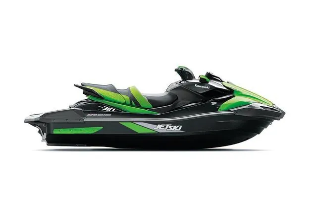 Slide: The Image of 2024 Kawasaki Jet Ski Ultra 310, black and green, side view. - 4