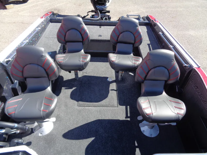 Slide: The Image of 2024 Nitro ZV20 Pro boat interior with four cushioned seats. - 7