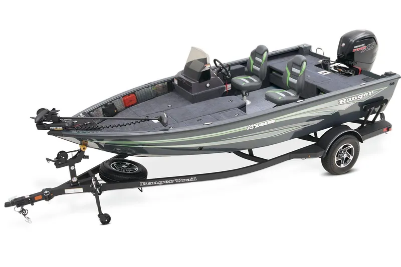 Slide: The Image of 2024 Ranger VS1682SC Reata boat with gray deck and red seat. - 2