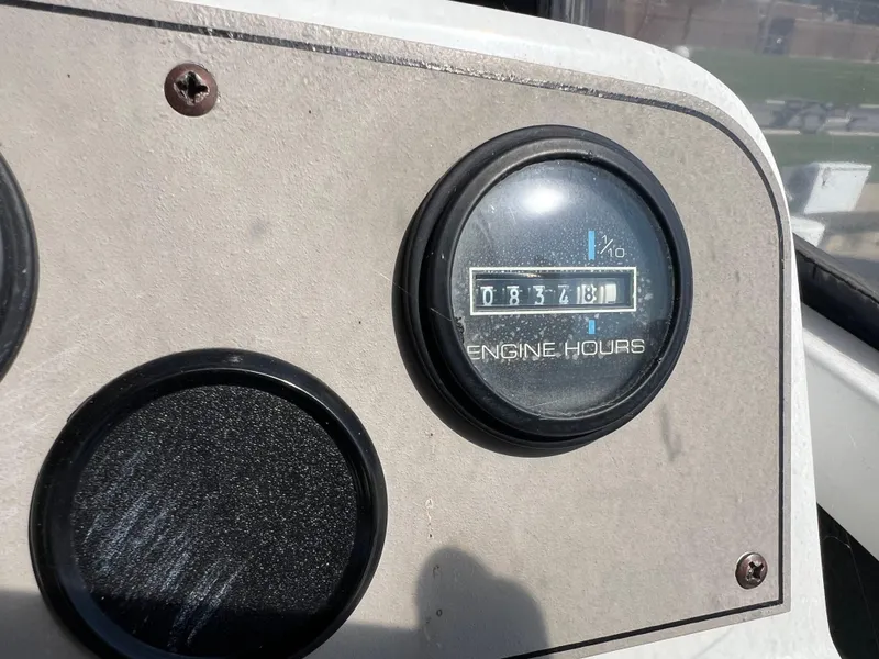 Slide: The Image of Close-up of 1999 Carver 370 Voyager engine hour meter displaying 837.6 hours. - 10