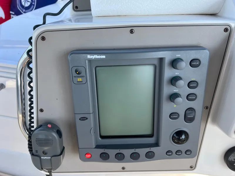 Slide: The Image of Raytheon marine navigation system on 1999 Carver 370 Voyager yacht. - 12