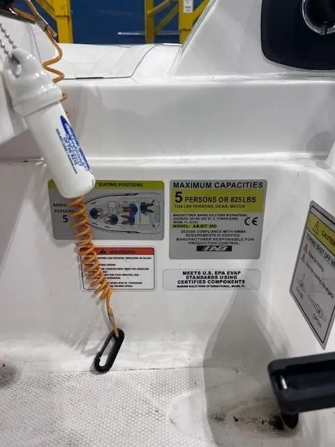 Slide: The Image of 2023 AB Inflatables ABJET 350XP boat capacity label, maximum 5 persons or 825 lbs. - 11