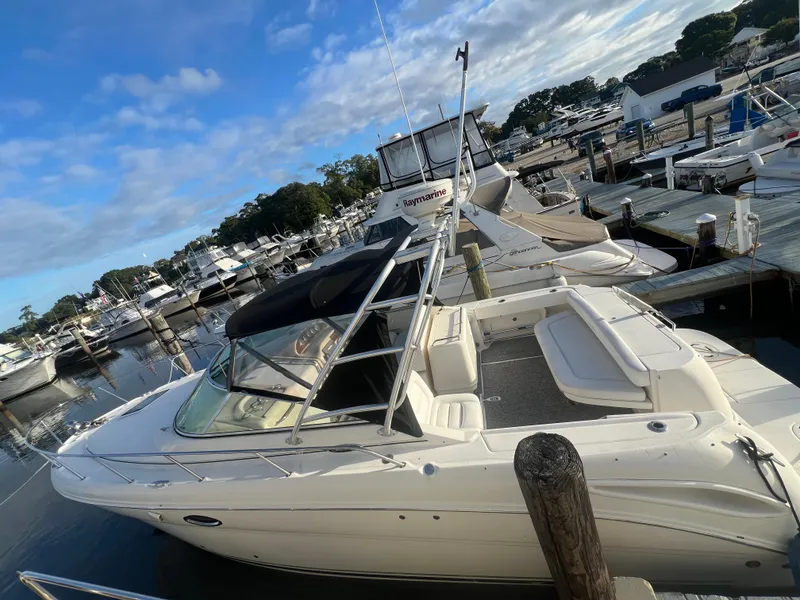 The Image of 2007 Sea Ray 290 Amberjack boat docked at a marina under a blue sky. - 1