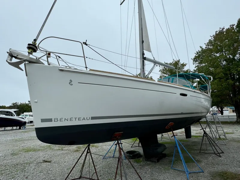 Slide: The Image of 2008 Beneteau Oceanis 37 sailboat on stands, ready for maintenance. - 12