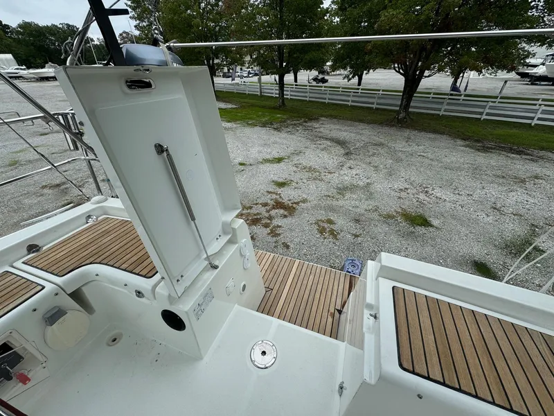Slide: The Image of Beneteau Oceanis 37 sailboat deck, 2008 model, with wood accents and open hatch. - 20