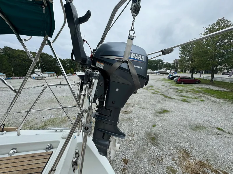 Slide: The Image of Yamaha outboard motor on 2008 Beneteau Oceanis 37 sailboat, docked outdoors. - 29