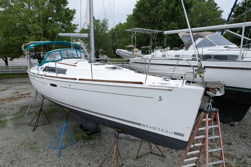 Slide: The Image of 2008 Beneteau Oceanis 37 sailboat on stands, ready for maintenance. - 6
