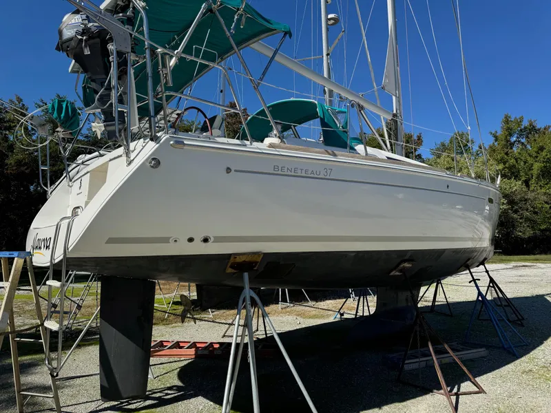 Slide: The Image of 2008 Beneteau Oceanis 37 sailboat on stands, ready for maintenance. - 7