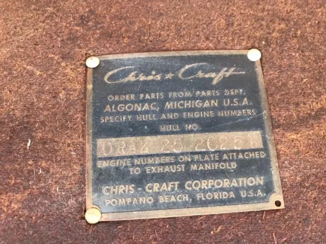 Slide: The Image of 1970 Chris-Craft 25 Lancer nameplate, Algonac, Michigan, USA, hull and engine details. - 18