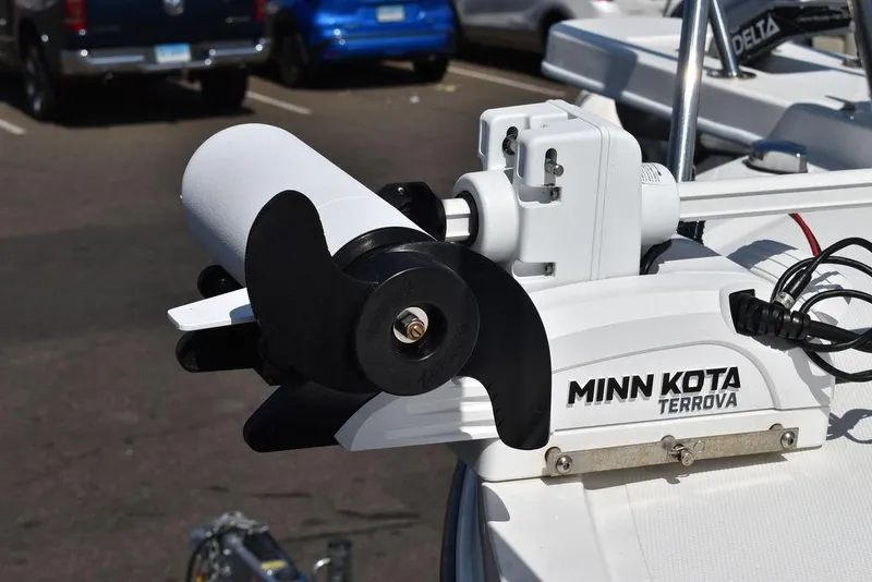 Slide: The Image of Minn Kota Terrova motor on 2023 Steiger Craft 31 Miami boat. - 28