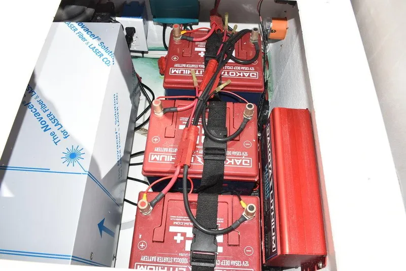 Slide: The Image of Battery compartment of 2023 Steiger Craft 31 Miami boat, featuring Odyssey batteries. - 30