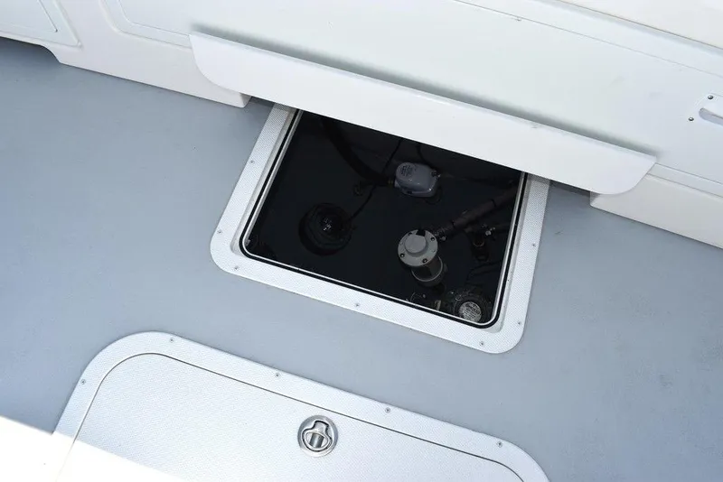 Slide: The Image of Steiger Craft 31 Miami 2023 boat deck with open hatch and visible equipment. - 43