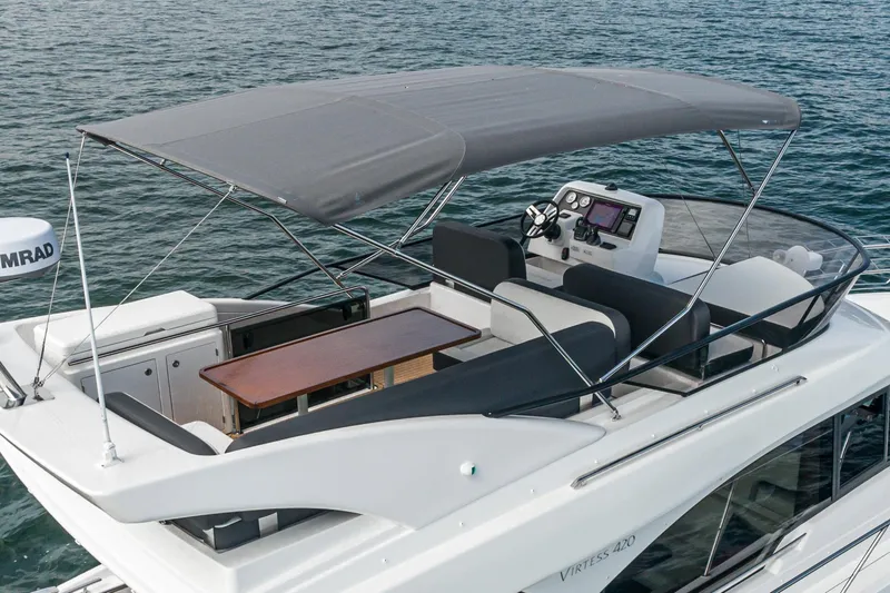 Slide: The Image of 2025 Bavaria Virtess 420 Fly yacht with flybridge and canopy on water. - 23