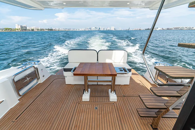 Slide: The Image of Luxurious Bavaria Virtess 420 Fly yacht deck, 2025 model, cruising on open water. - 38