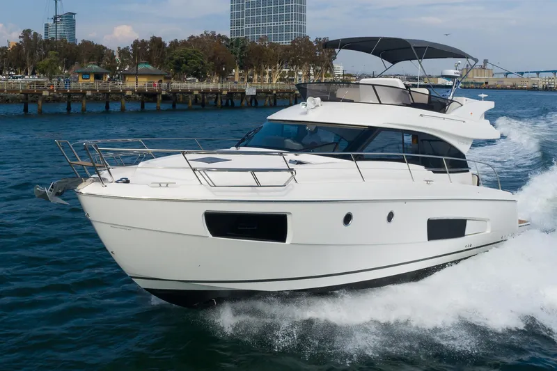 Slide: The Image of 2025 Bavaria Virtess 420 Fly yacht cruising on open water. - 4