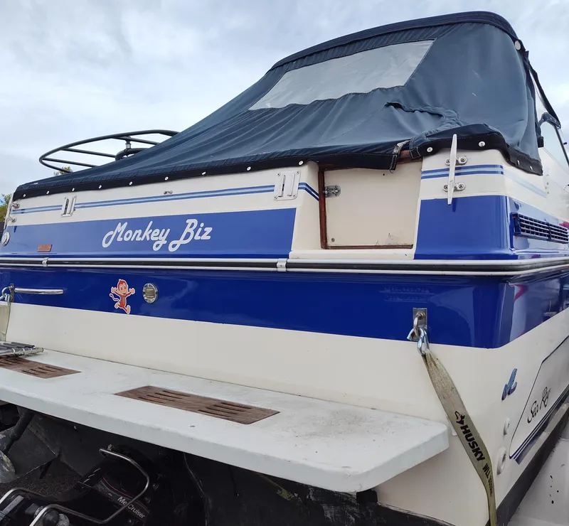Slide: The Image of 1988 Sea Ray 268 DA boat named "Monkey Biz" with blue and white exterior. - 2