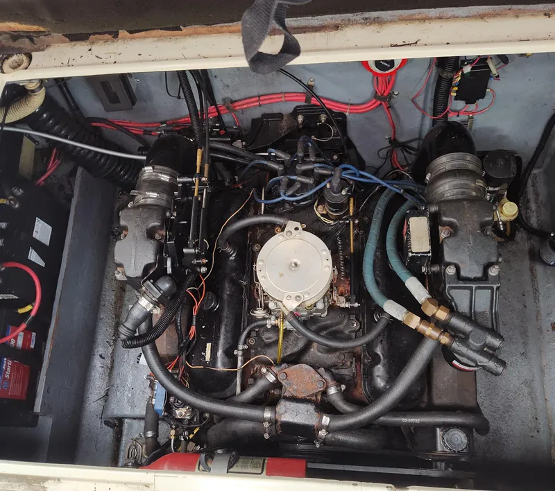Slide: The Image of Engine compartment of a 1988 Sea Ray 268 DA boat, showing detailed wiring and components. - 7