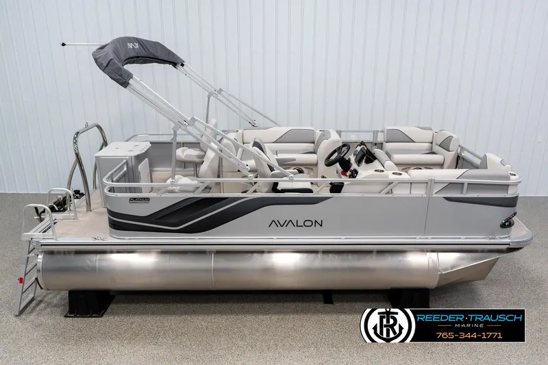 Slide: The Image of 2025 Avalon VEN RF pontoon boat with sleek design and comfortable seating. - 1