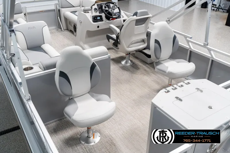 Slide: The Image of Interior of 2025 Avalon VEN RF boat with modern seating and steering console. - 11