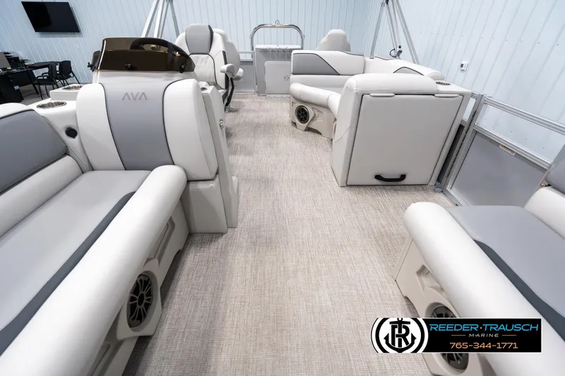 Slide: The Image of Luxurious interior of 2025 Avalon VEN RF pontoon boat with plush seating and modern design. - 13