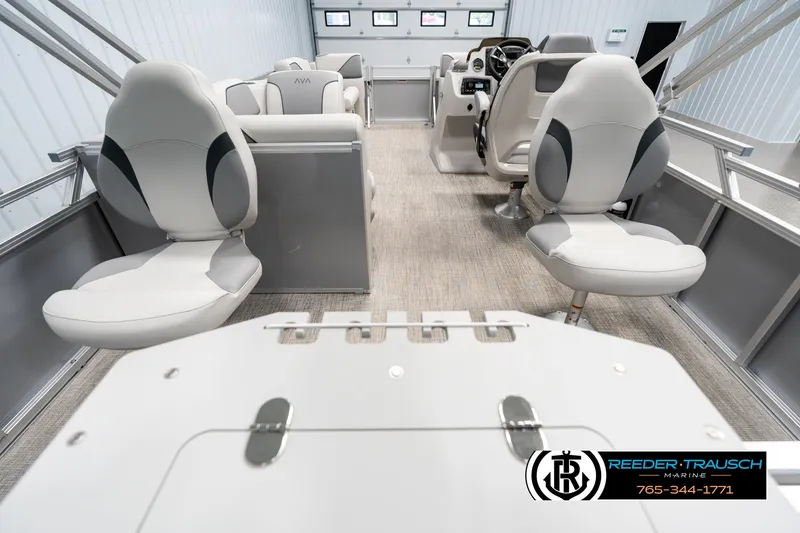 Slide: The Image of Interior of 2025 Avalon VEN RF boat with modern seating and steering console. - 16