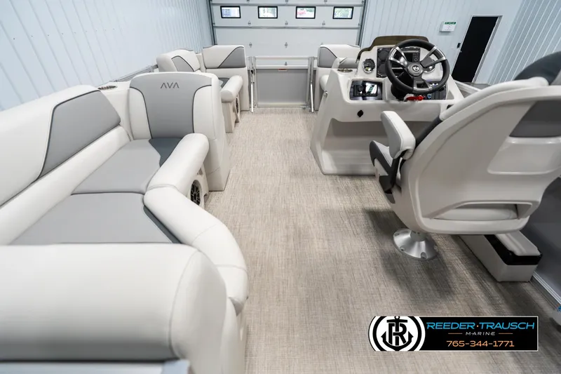 Slide: The Image of Interior of 2025 Avalon VEN RF boat with modern seating and steering console. - 17