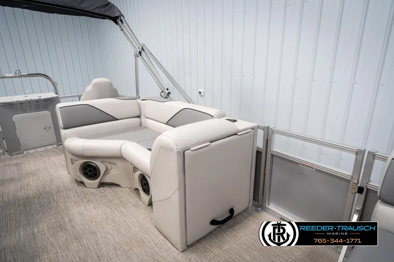 Slide: The Image of Luxurious seating area on 2025 Avalon VEN RF boat with modern design and speakers. - 20