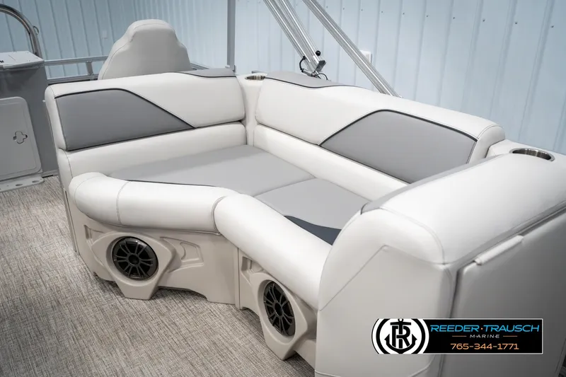 Slide: The Image of Luxurious seating in 2025 Avalon VEN RF boat with integrated speakers and modern design. - 22