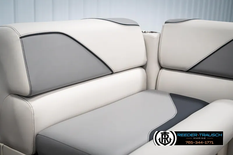 Slide: The Image of Luxurious seating in 2025 Avalon VEN RF boat, featuring sleek gray and white upholstery. - 39