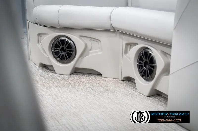 Slide: The Image of Luxurious Avalon VEN RF 2025 boat interior with built-in speakers and plush seating. - 43
