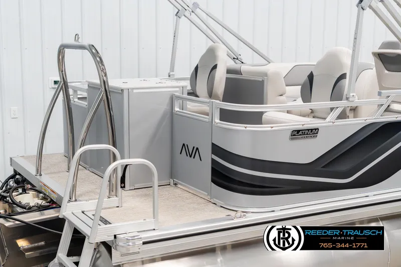 Slide: The Image of 2025 Avalon VEN RF pontoon boat, Platinum Edition, featuring sleek design and comfortable seating. - 48