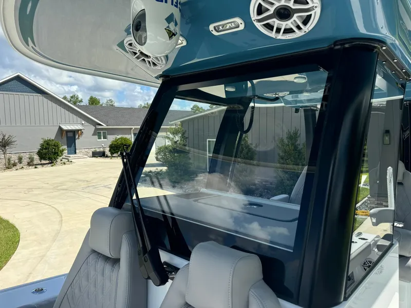 Slide: The Image of 2024 Freeman 28 boat interior with modern seating and sleek design. - 39