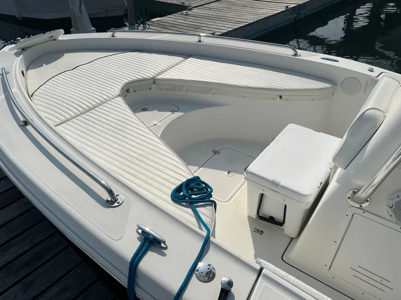 Slide: The Image of 2007 Pioneer 220 Bay Sport boat interior with white seating and blue rope. - 3
