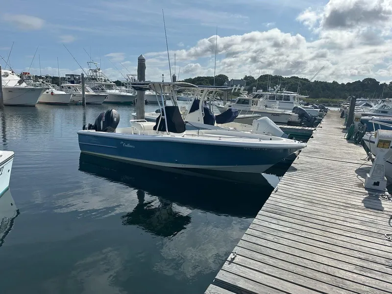 Slide: The Image of 2007 Pioneer 220 Bay Sport boat docked at a marina under a partly cloudy sky. - 7
