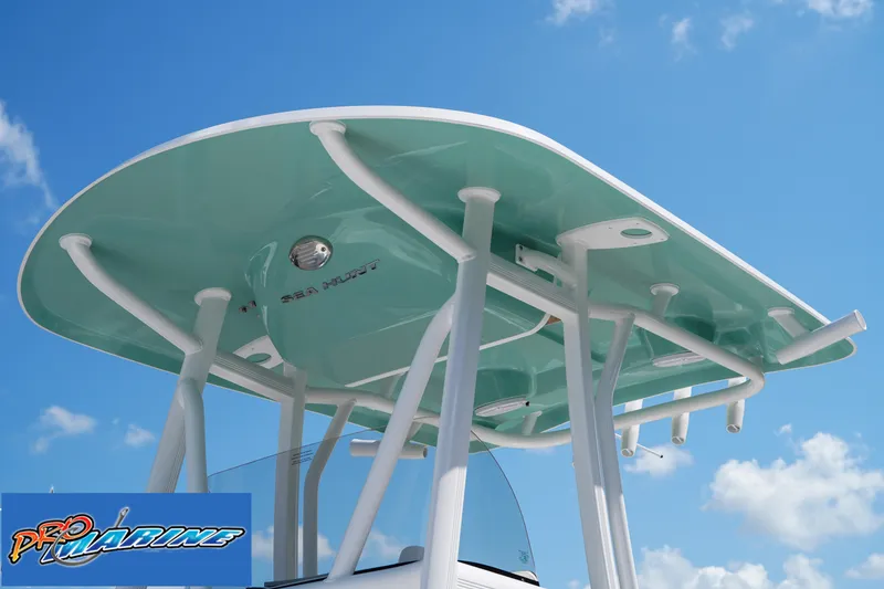 Slide: The Image of 2025 Sea Hunt Ultra 219 boat with T-top against blue sky. - 34