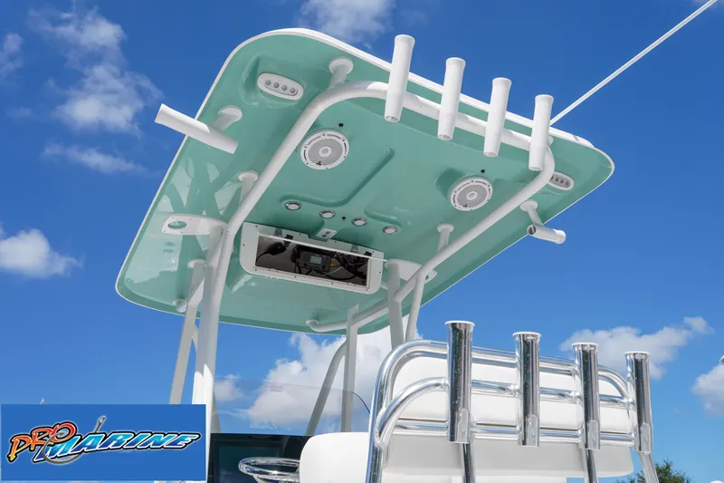 Slide: The Image of Sea Hunt Ultra 219 boat top view with rod holders and speakers, 2025 model. - 36