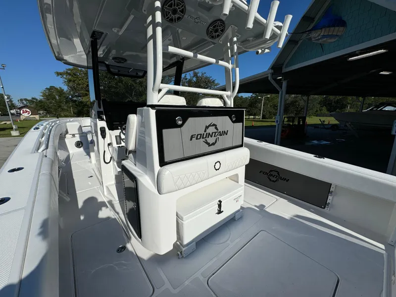 Slide: The Image of 2025 Fountain 38TE boat interior with seating and storage, showcasing sleek design and functionality. - 31