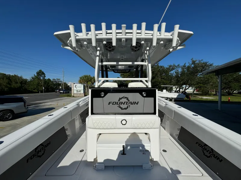 Slide: The Image of 2025 Fountain 38TE boat with sleek design, spacious deck, and modern features. - 32