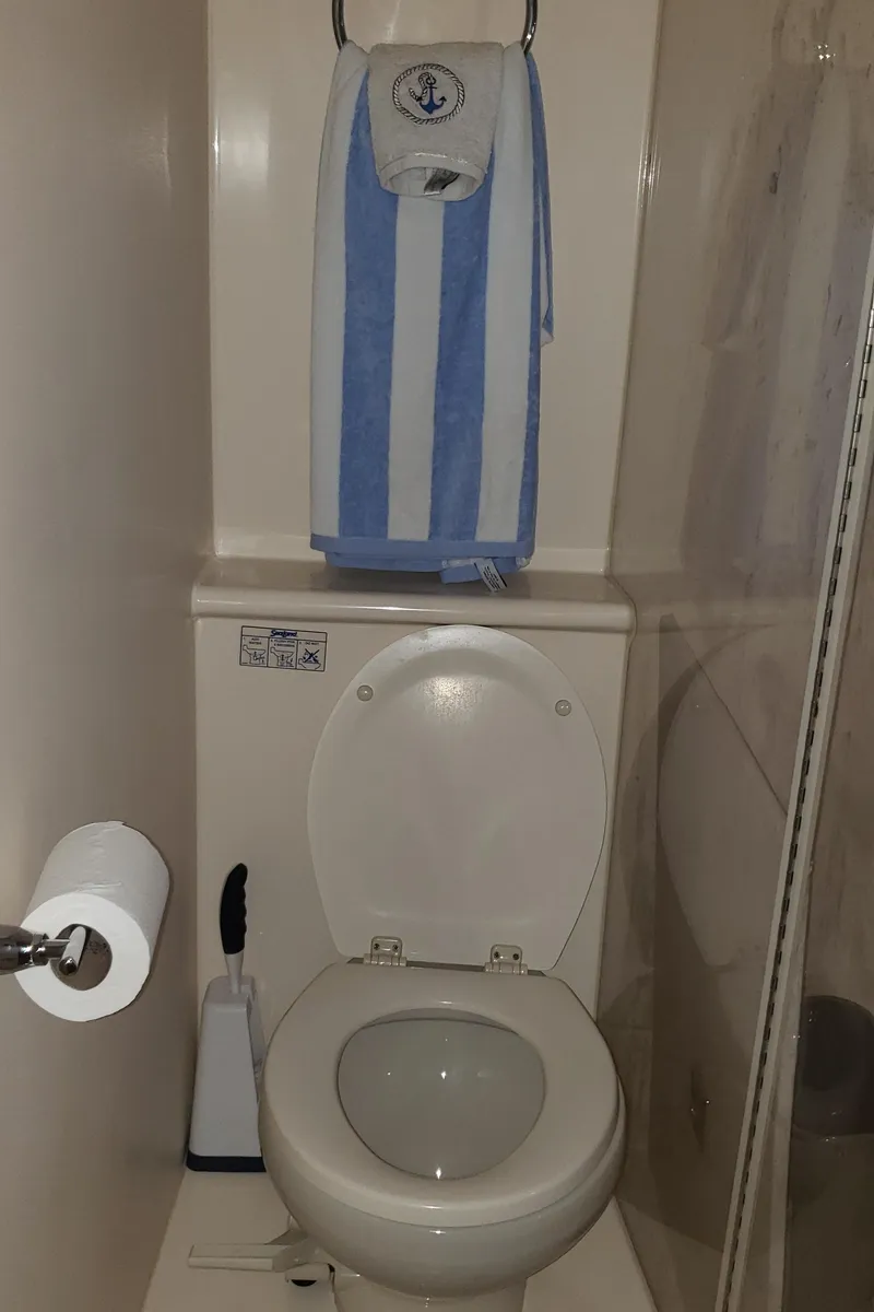 Slide: The Image of 2010 Meridian 441 Sedan bathroom with nautical-themed towel and toilet. - 25