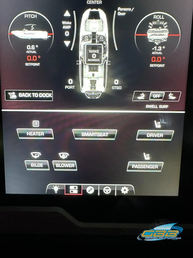 Slide: The Image of 2024 Supra SE boat control panel displaying pitch, roll, and various system settings. - 49