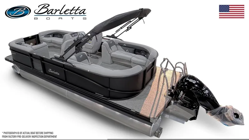 Slide: The Image of 2025 Barletta Aria A22QC pontoon boat with sleek design and modern features. - 1