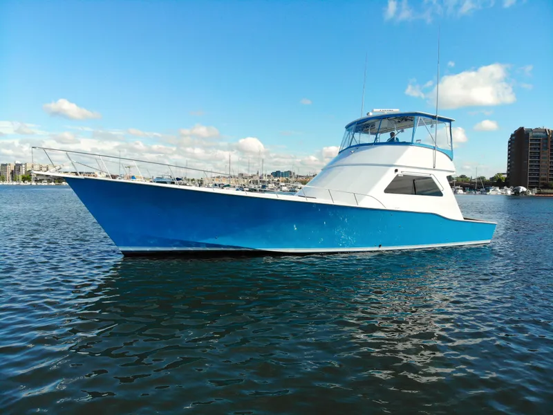 Slide: The Image of 2004 Chesapeake 58 boat on calm water, blue sky background. - 0