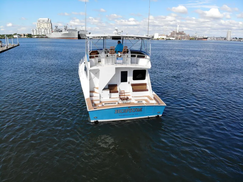 Slide: The Image of 2004 Chesapeake 58 boat named "Hopium" on calm waters, Wilmington, DE. - 45